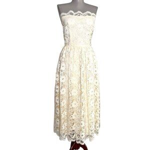Vintage 1970s Mindy Malone Ivory Lace Strapless Bridal Boho Dress XS Minor Holes